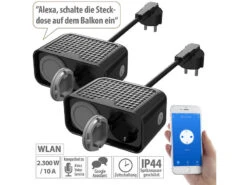 Luminea Home Control Doppelstecker:2er-Set Outdoor-WLAN-2-fach-Steckdosen Komp. Zu Alexa & Google Ass.