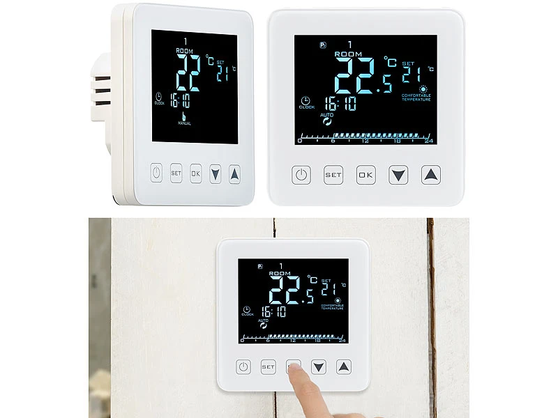 Revolt Raumthermostat Digital:2er-Set Wand-Thermostate Für Fußbodenheizung, LCD, Touch-Tasten 1 Revolt Raumthermostat Digital:2er-Set Wand-Thermostate Für Fußbodenheizung, LCD, Touch-Tasten