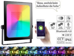 Luminea Home Control RGB-Strahler Außen:Outdoor-Fluter Mit RGB-CCT-LEDs, Bluetooth & App, Versandrückläufer