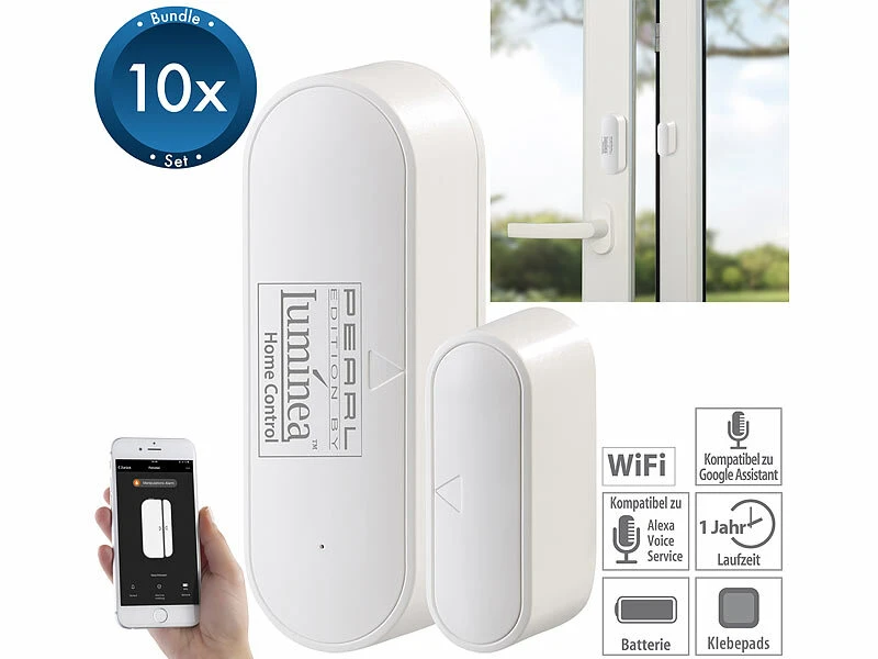 Luminea Home Control WLAN Fensterkontakt:5er-Set WLAN-Tür- & Fensteralarm Mit App, Für Alexa & Google Assistant 1 Luminea Home Control WLAN Fensterkontakt:5er-Set WLAN-Tür- & Fensteralarm Mit App, Für Alexa & Google Assistant