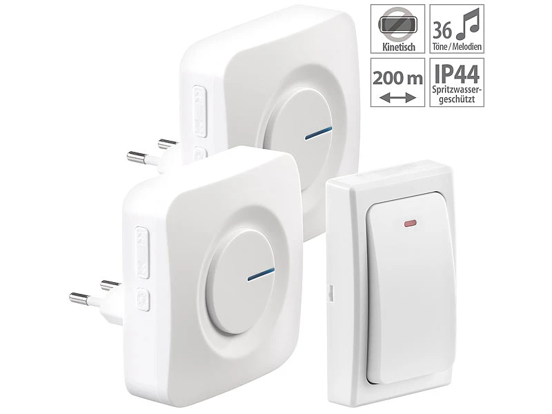 CASAcontrol Kinetische Klingel:Batterielose Funk-Türklingel, 2 Steckdosen-Empfänger, 36 Töne, IP44 1 CASAcontrol Kinetische Klingel:Batterielose Funk-Türklingel, 2 Steckdosen-Empfänger, 36 Töne, IP44