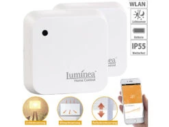 Luminea Home Control Sonnensensor:2er-Set Wetterfeste WLAN-Licht- & Dämmerungs-Sensoren Mit App, IP55