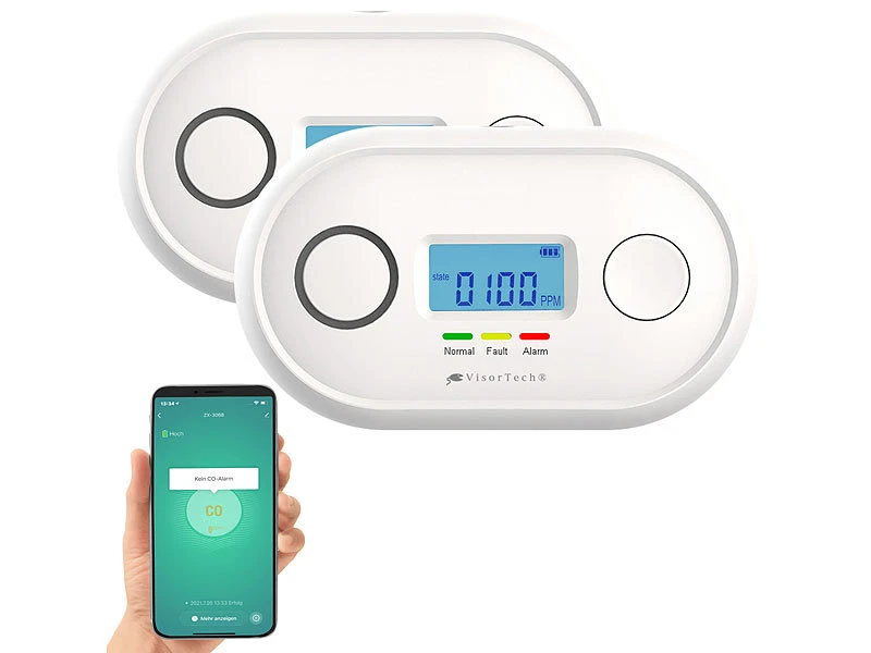 VisorTech Kohlenmonoxid Detektor:2er-Set WLAN-Kohlenmonoxid-Melder, LCD-Display, App, 85 DB 3 VisorTech Kohlenmonoxid Detektor:2er-Set WLAN-Kohlenmonoxid-Melder, LCD-Display, App, 85 DB – Bild 3