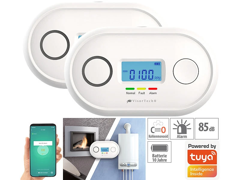 VisorTech Kohlenmonoxid Detektor:2er-Set WLAN-Kohlenmonoxid-Melder, LCD-Display, App, 85 DB 1 VisorTech Kohlenmonoxid Detektor:2er-Set WLAN-Kohlenmonoxid-Melder, LCD-Display, App, 85 DB