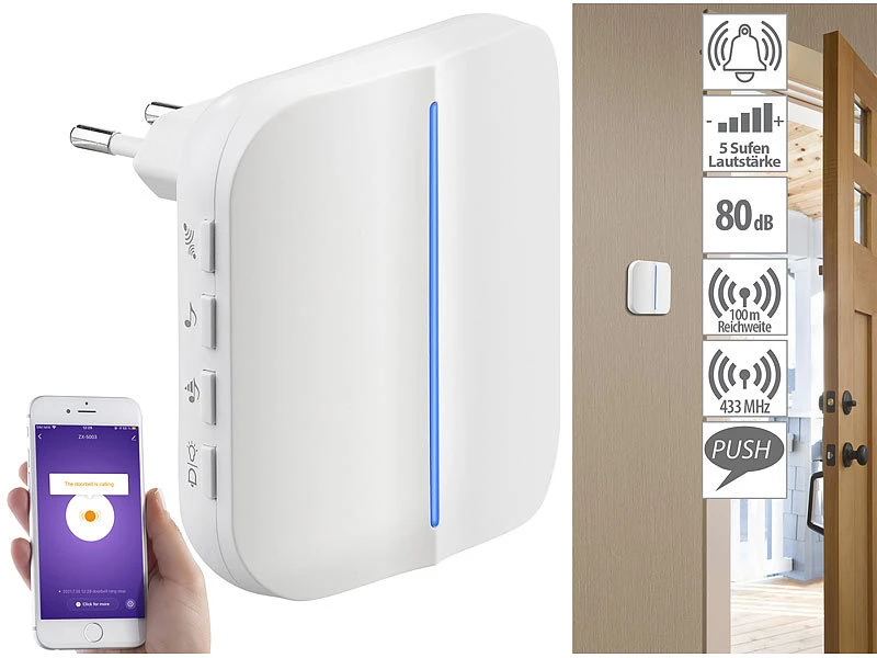 Somikon Klingel:WLAN-Steckdosen-Empfänger & Kinetischer Klingelknopf, App, 100m, 80dB 5 Somikon Klingel:WLAN-Steckdosen-Empfänger & Kinetischer Klingelknopf, App, 100m, 80dB – Bild 5