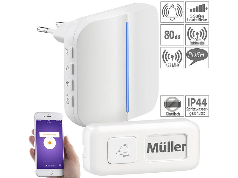 Somikon Klingel:WLAN-Steckdosen-Empfänger & Kinetischer Klingelknopf, App, 100m, 80dB 1 Somikon Klingel:WLAN-Steckdosen-Empfänger & Kinetischer Klingelknopf, App, 100m, 80dB