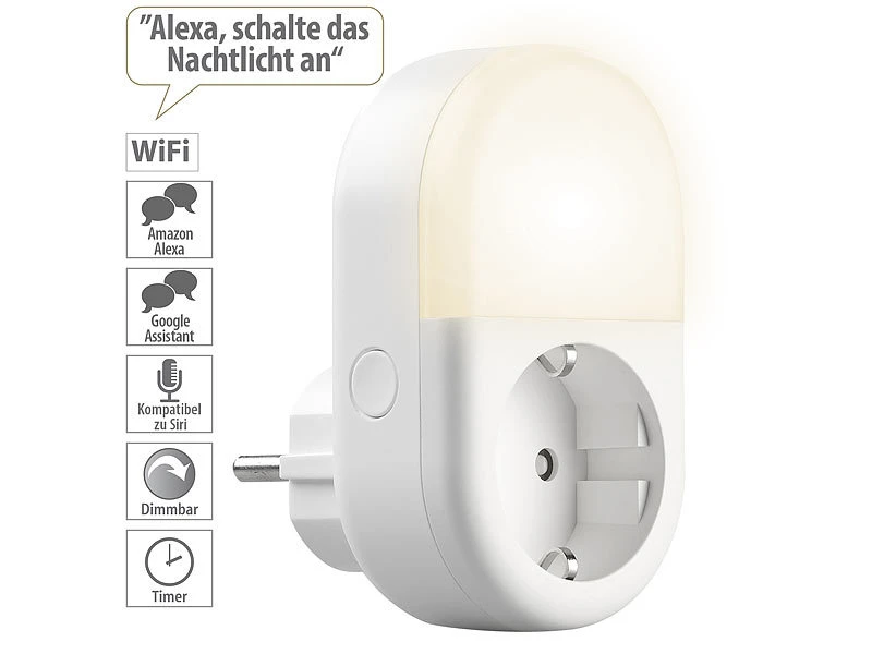 Luminea Home Control LED-Nachtlicht-Plug-in:2er-Set WLAN-Steckdose Mit LED-Nachtlicht, App & Sprachsteuerung, 16 A 4 Luminea Home Control LED-Nachtlicht-Plug-in:2er-Set WLAN-Steckdose Mit LED-Nachtlicht, App & Sprachsteuerung, 16 A – Bild 4