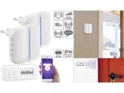 Somikon WLAN Türklingel:2 WLAN-Steckdosen-Empfänger, Kinetischer Klingelknopf, App, 100m, 80dB