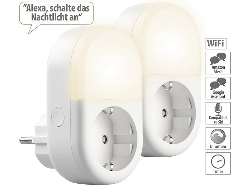 Luminea Home Control LED-Nachtlicht-Plug-in:2er-Set WLAN-Steckdose Mit LED-Nachtlicht, App & Sprachsteuerung, 16 A 1 Luminea Home Control LED-Nachtlicht-Plug-in:2er-Set WLAN-Steckdose Mit LED-Nachtlicht, App & Sprachsteuerung, 16 A