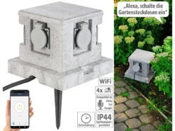 Royal Gardineer Steckdosenstein:4-fach-WLAN-Garten-Steckdose, App, Sprachbefehl, 16 A, 3.680 W, IP44