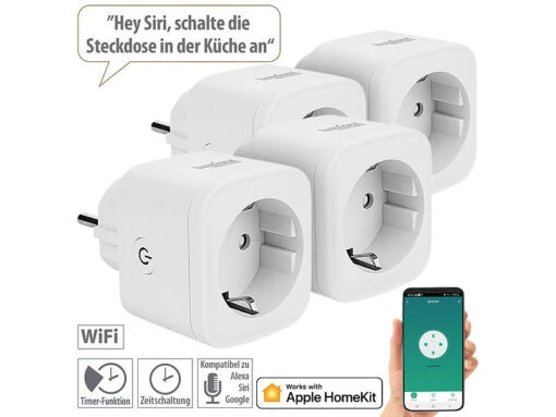 Luminea Home Control WLAN Steckdosen-Schalter:4er-Set WLAN-Steckdosen, Apple-HomeKit-zertifiziert, Sprachsteuerung -Shop Für Smart-Home-Produkte zx5144 16