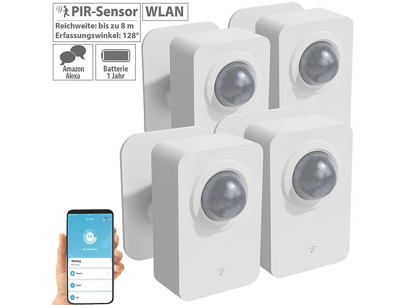 Luminea Home Control PIR Funkmelder:4er-Set ZigBee-PIR-Bewegungsmelder, 8 M Reichweite, App 1 Luminea Home Control PIR Funkmelder:4er-Set ZigBee-PIR-Bewegungsmelder, 8 M Reichweite, App