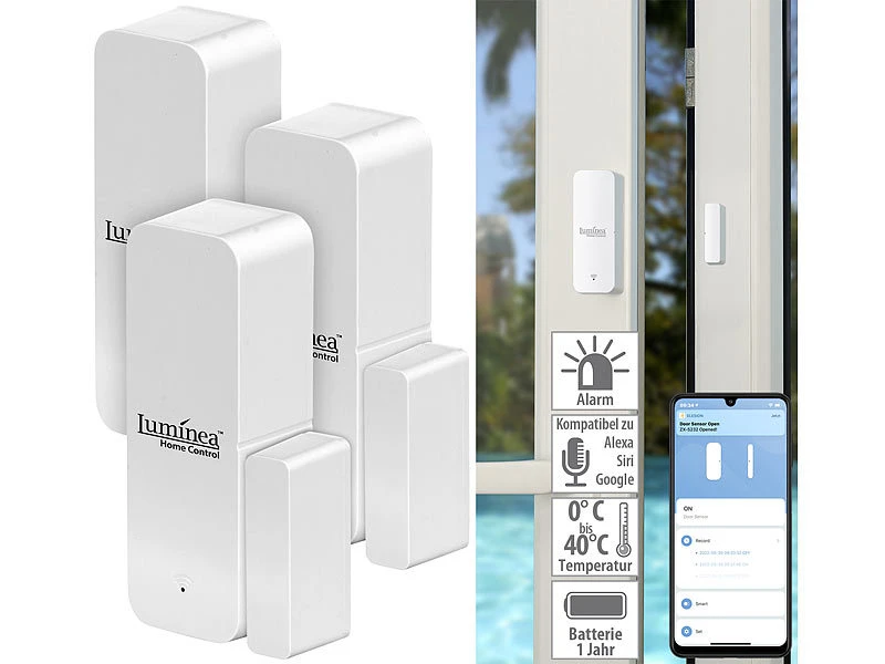 Luminea Home Control Alarmanlagen:3er-Set ZigBee-Tür- & Fensteralarm, Für Alexa, GA Und Siri, App 1 Luminea Home Control Alarmanlagen:3er-Set ZigBee-Tür- & Fensteralarm, Für Alexa, GA Und Siri, App