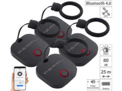 PEARL Koffer Alarm:4in1-Mini-Schlüsselfinder M. BT, App & GPS-Ortung, 80 DB, 4er-Set