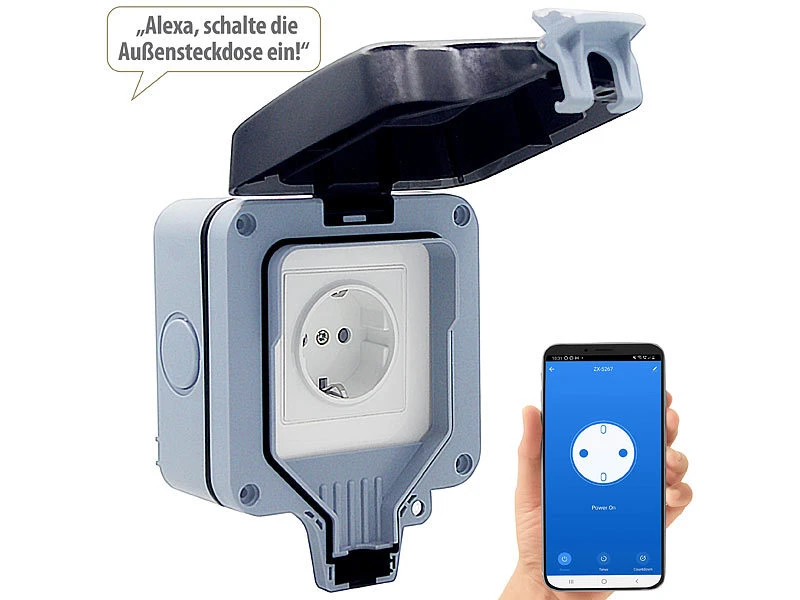 Luminea Home Control Outdoor Steckdose:Outdoor-WLAN-Aufputzsteckdose, Sprachsteuerung, Verbrauchsmesser, App 2 Luminea Home Control Outdoor Steckdose:Outdoor-WLAN-Aufputzsteckdose, Sprachsteuerung, Verbrauchsmesser, App – Bild 2