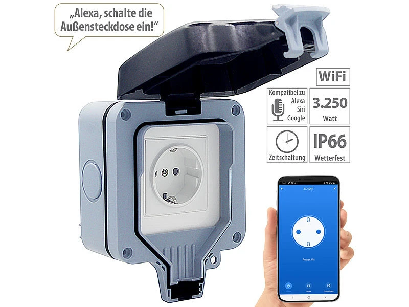 Luminea Home Control Outdoor Steckdose:Outdoor-WLAN-Aufputzsteckdose, Sprachsteuerung, Verbrauchsmesser, App 1 Luminea Home Control Outdoor Steckdose:Outdoor-WLAN-Aufputzsteckdose, Sprachsteuerung, Verbrauchsmesser, App