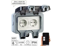 Luminea Home Control WLAN Steckdose:Outdoor-WLAN-Aufputz-Doppelsteckdose, Sprachbefehl, Strommessung, App