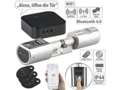 VisorTech Fingerprint Türschloss:Elektronischer Tür-Schließzylinder, Fingerprint, Transponder, Gateway