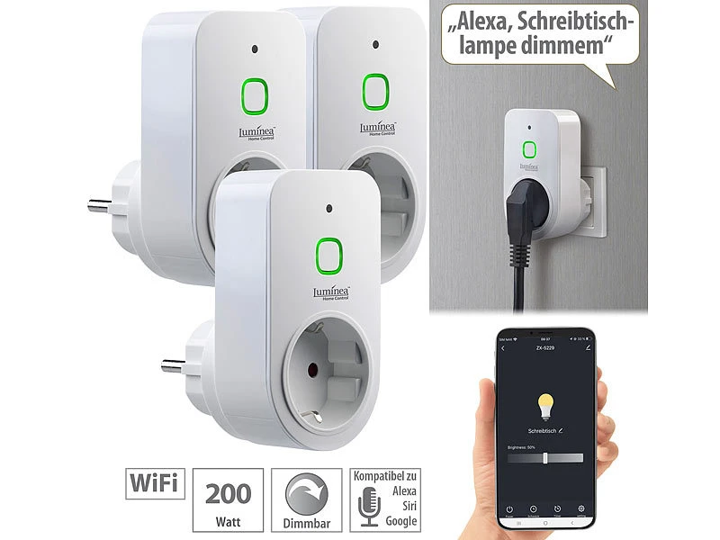 Luminea Home Control Dimmersteckdosen:3er Smarte WLAN-Dimmer-Steckdose Mit Phasenabschnittsdimmer Bis 200 W 1 Luminea Home Control Dimmersteckdosen:3er Smarte WLAN-Dimmer-Steckdose Mit Phasenabschnittsdimmer Bis 200 W