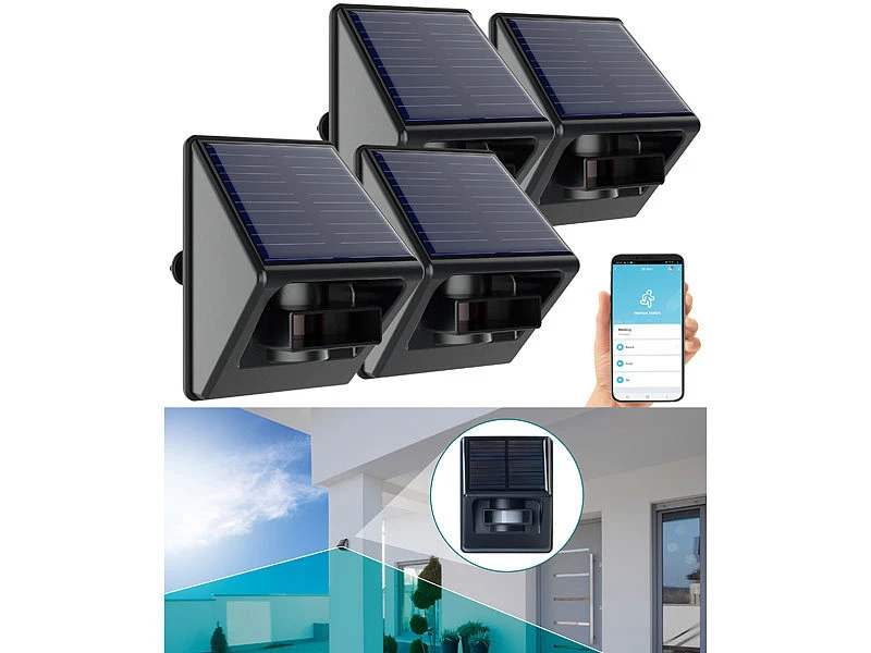 Luminea Home Control Bewegungssensor PIR:4er-Set Outdoor-PIR-Sensoren, Solarpanel, App, IP55, ZigBee-kompatibel 2 Luminea Home Control Bewegungssensor PIR:4er-Set Outdoor-PIR-Sensoren, Solarpanel, App, IP55, ZigBee-kompatibel – Bild 2