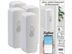 Luminea Home Control Temperatur Datenlogger:4er-Set ZigBee-Temperatur- & Luftfeuchtigkeits-Sensoren Mit App