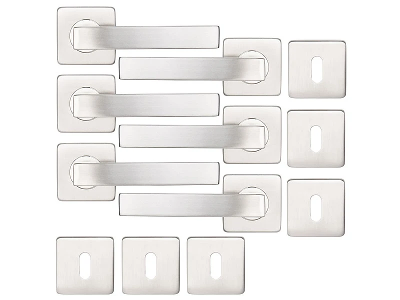 AGT Rostfreie Türbeschläge:6er-Set Edelstahl-Türbeschlag Mit 6 Klinken & Rosetten, Eckig, Silbern 2 AGT Rostfreie Türbeschläge:6er-Set Edelstahl-Türbeschlag Mit 6 Klinken & Rosetten, Eckig, Silbern – Bild 2